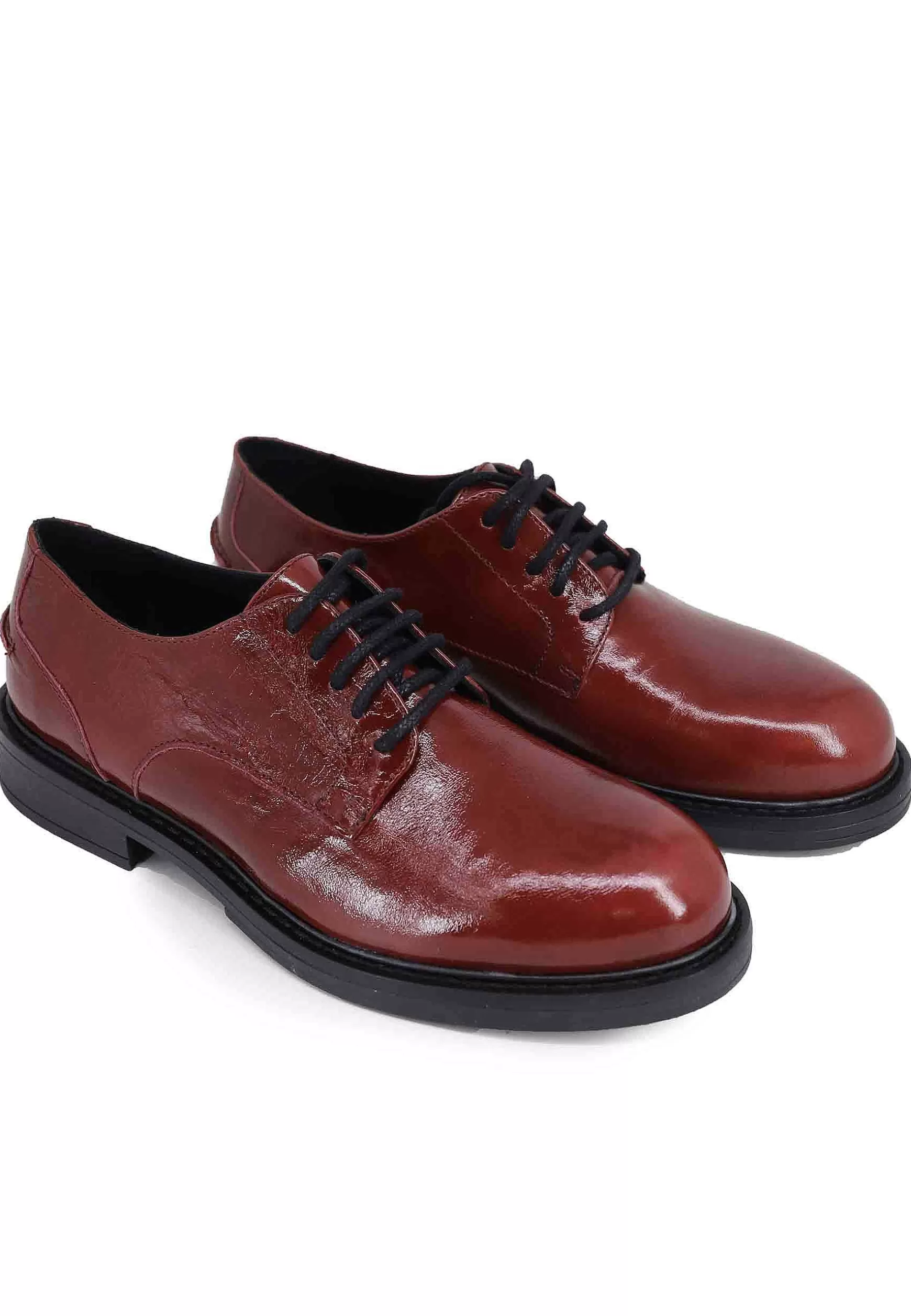 Stringate Donna In Pelle Naplack Bordeaux Con Suola In Gomma E Tacco Basso*Bruno Premi New