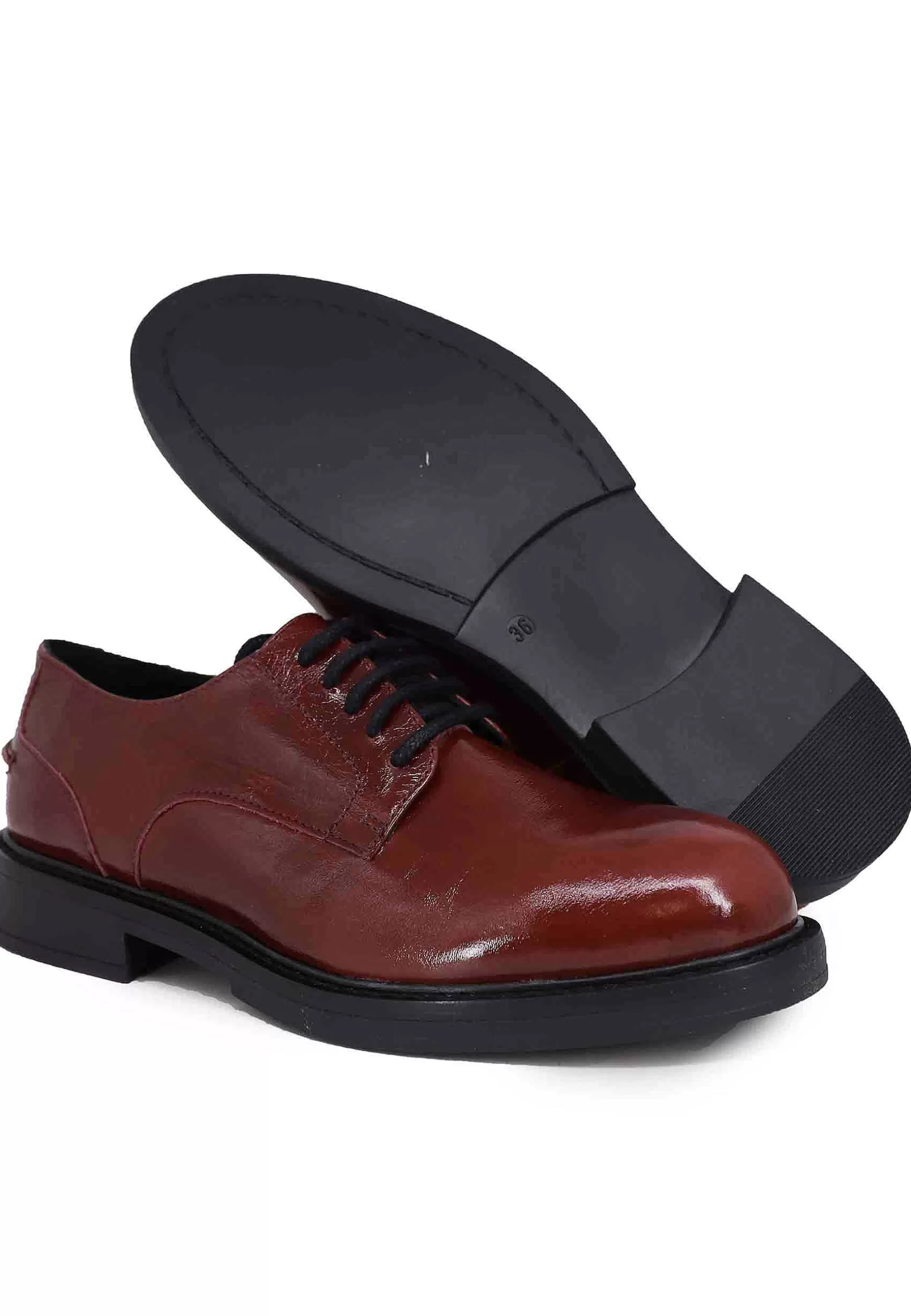Stringate Donna In Pelle Naplack Bordeaux Con Suola In Gomma E Tacco Basso*Bruno Premi New
