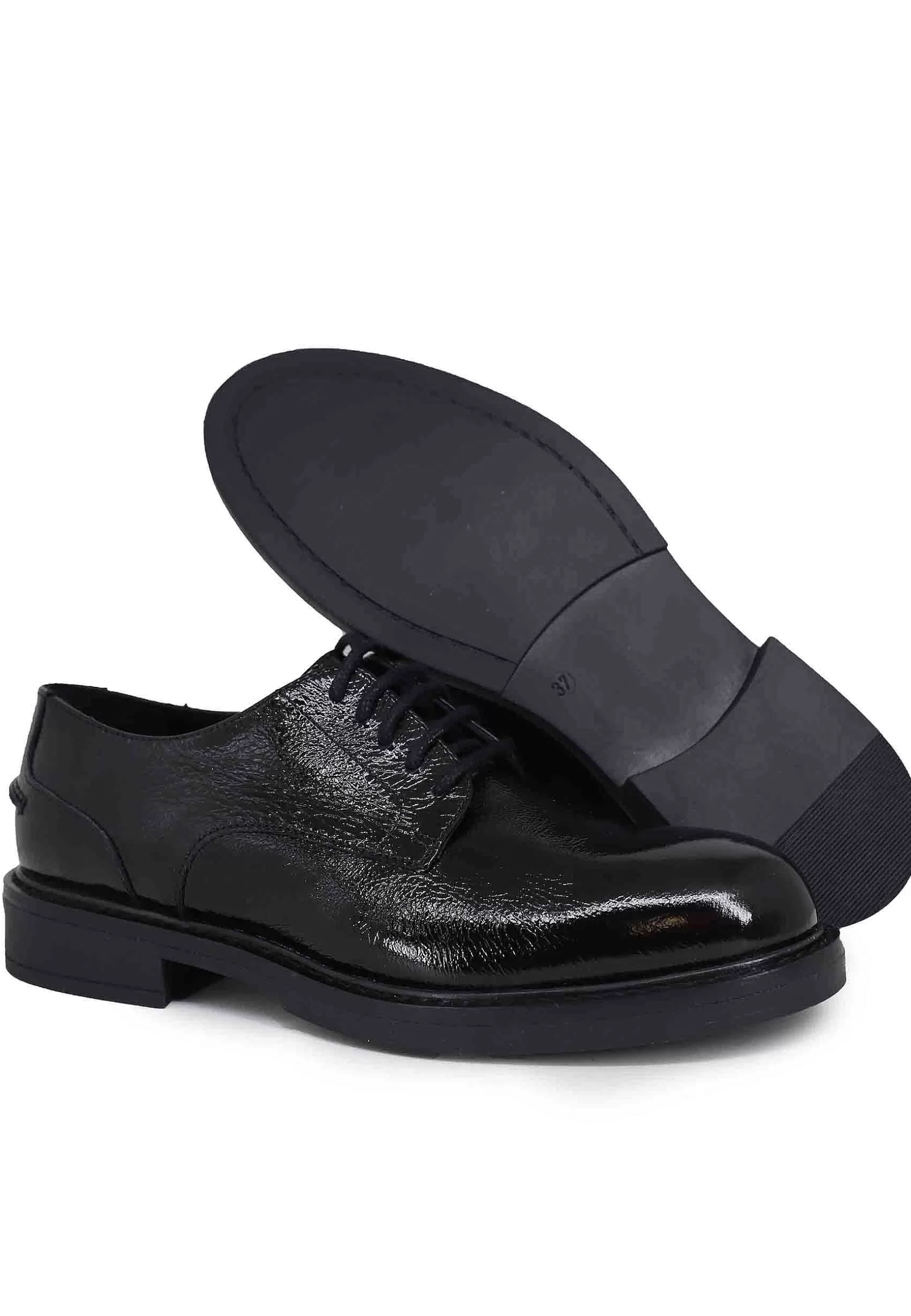 Stringate Donna In Pelle Naplack Nero Con Suola In Gomma E Tacco Basso*Bruno Premi Store