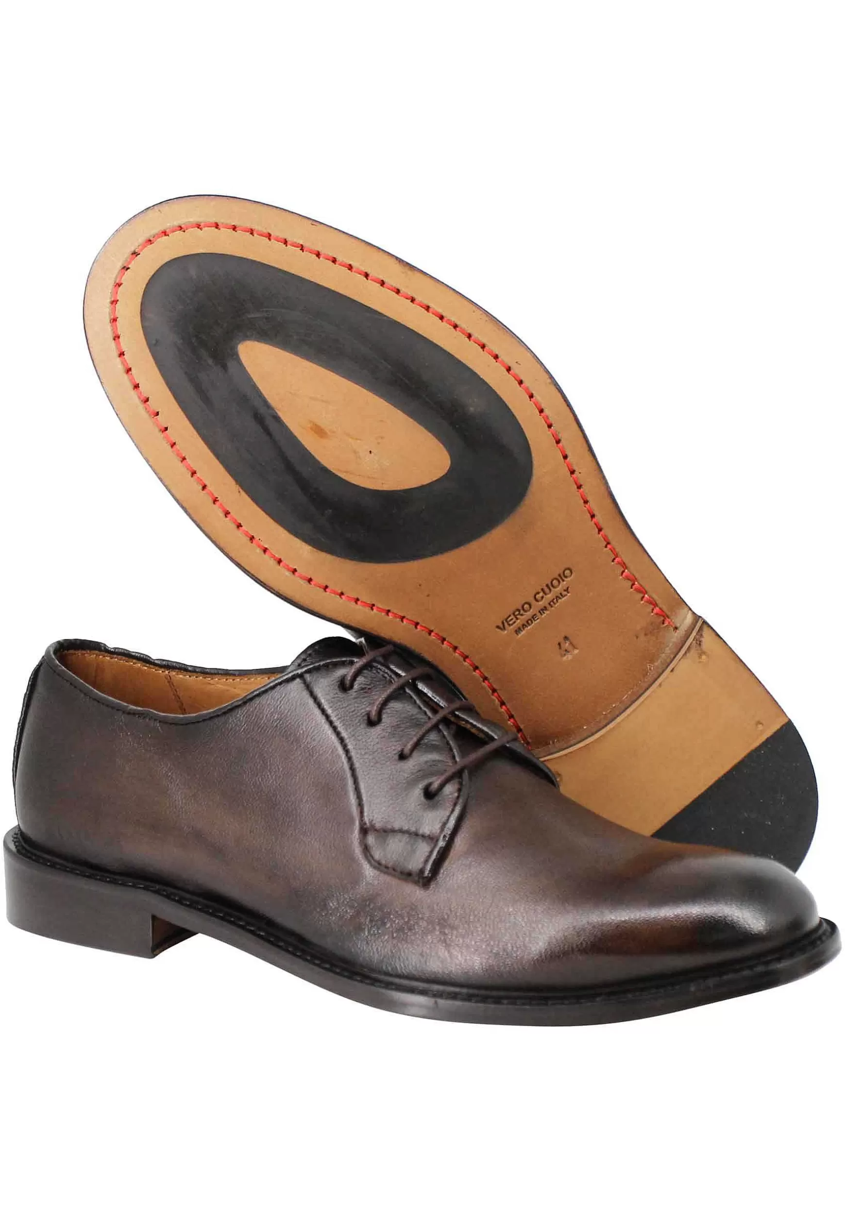 Stringate Uomo In Pelle Testa Di Moro Con Suola In Cuoio** New