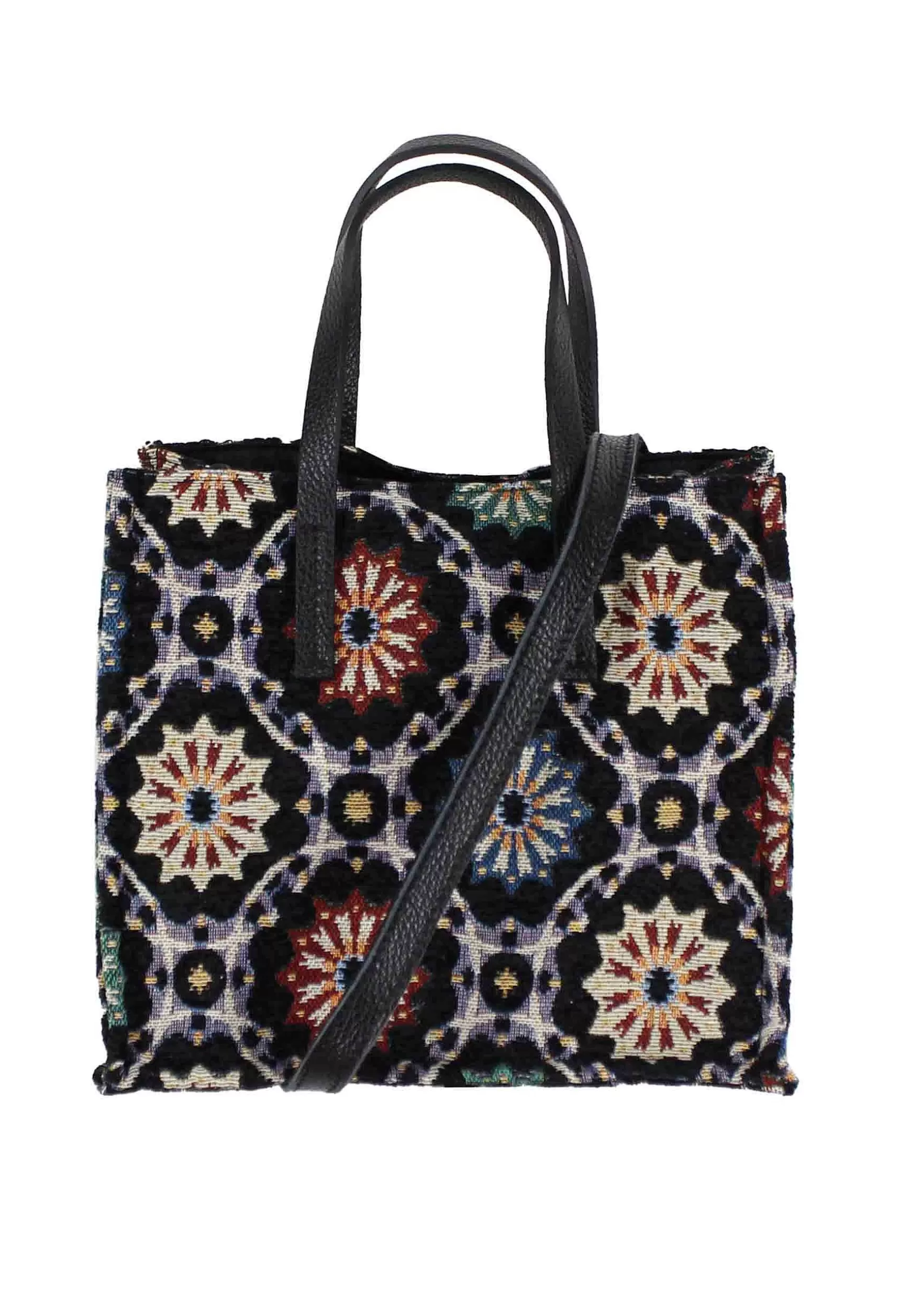 Tote Bag Donna In Tessuto Nero A Fantasia Con Tracolla In Pelle*Kassiopea Fashion