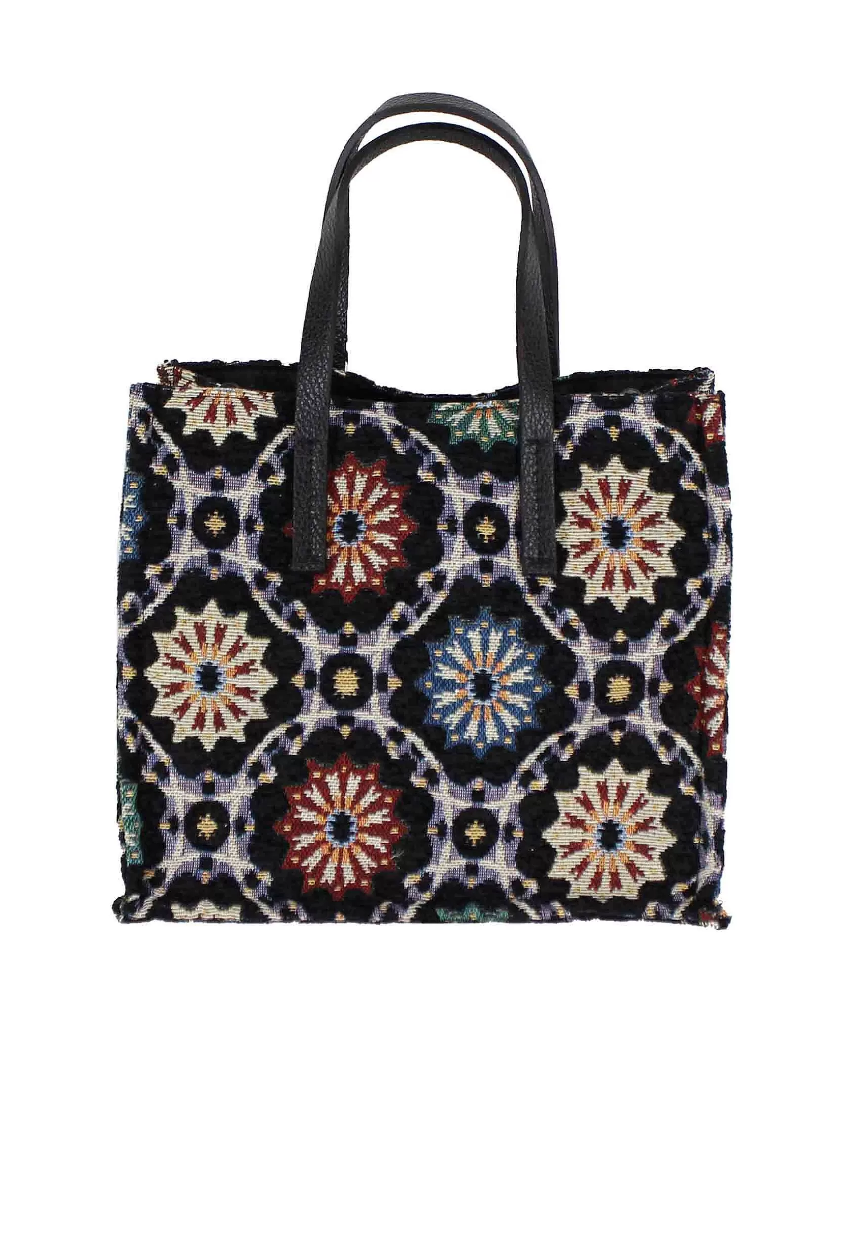 Tote Bag Donna In Tessuto Nero A Fantasia Con Tracolla In Pelle*Kassiopea Fashion