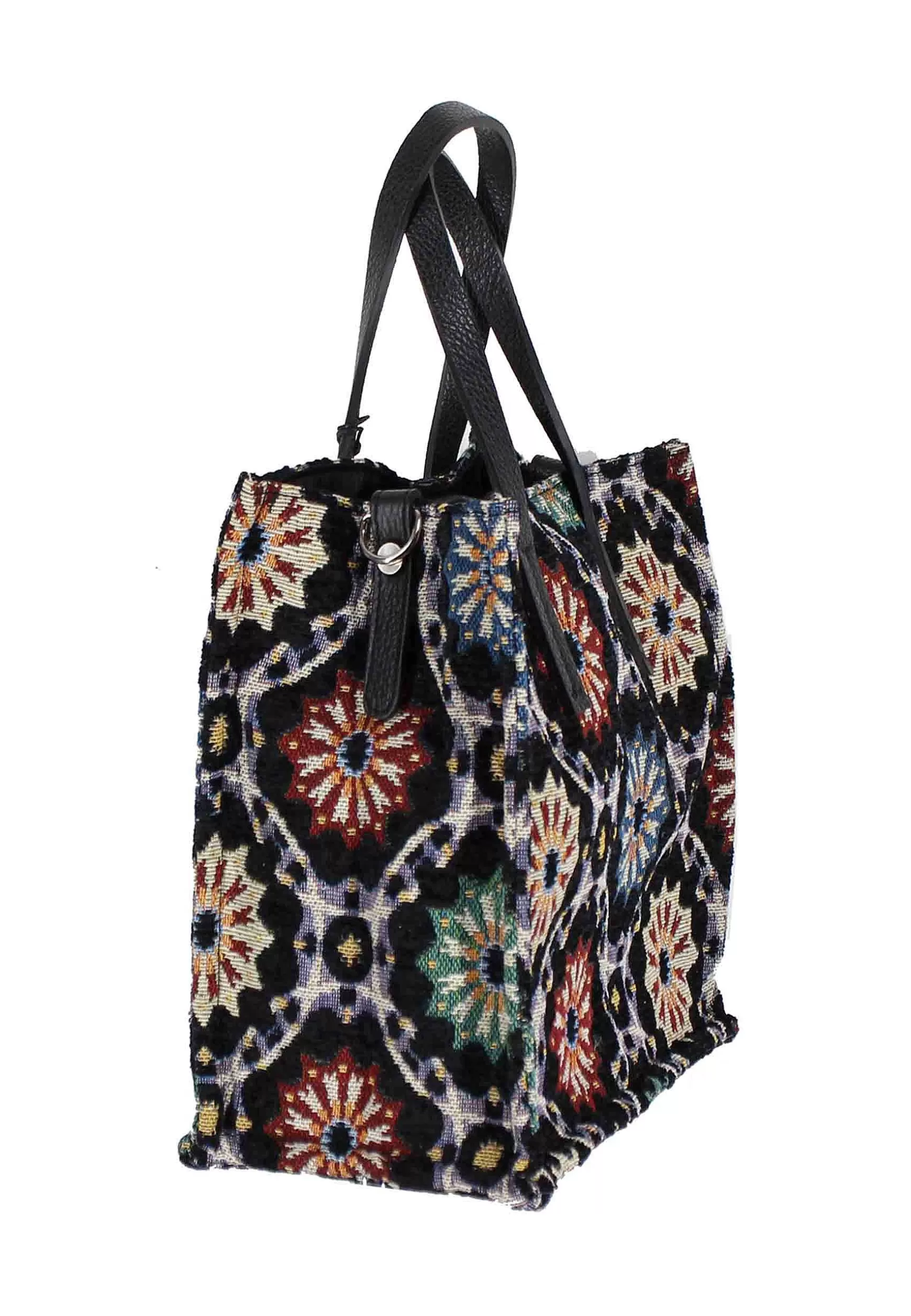 Tote Bag Donna In Tessuto Nero A Fantasia Con Tracolla In Pelle*Kassiopea Fashion