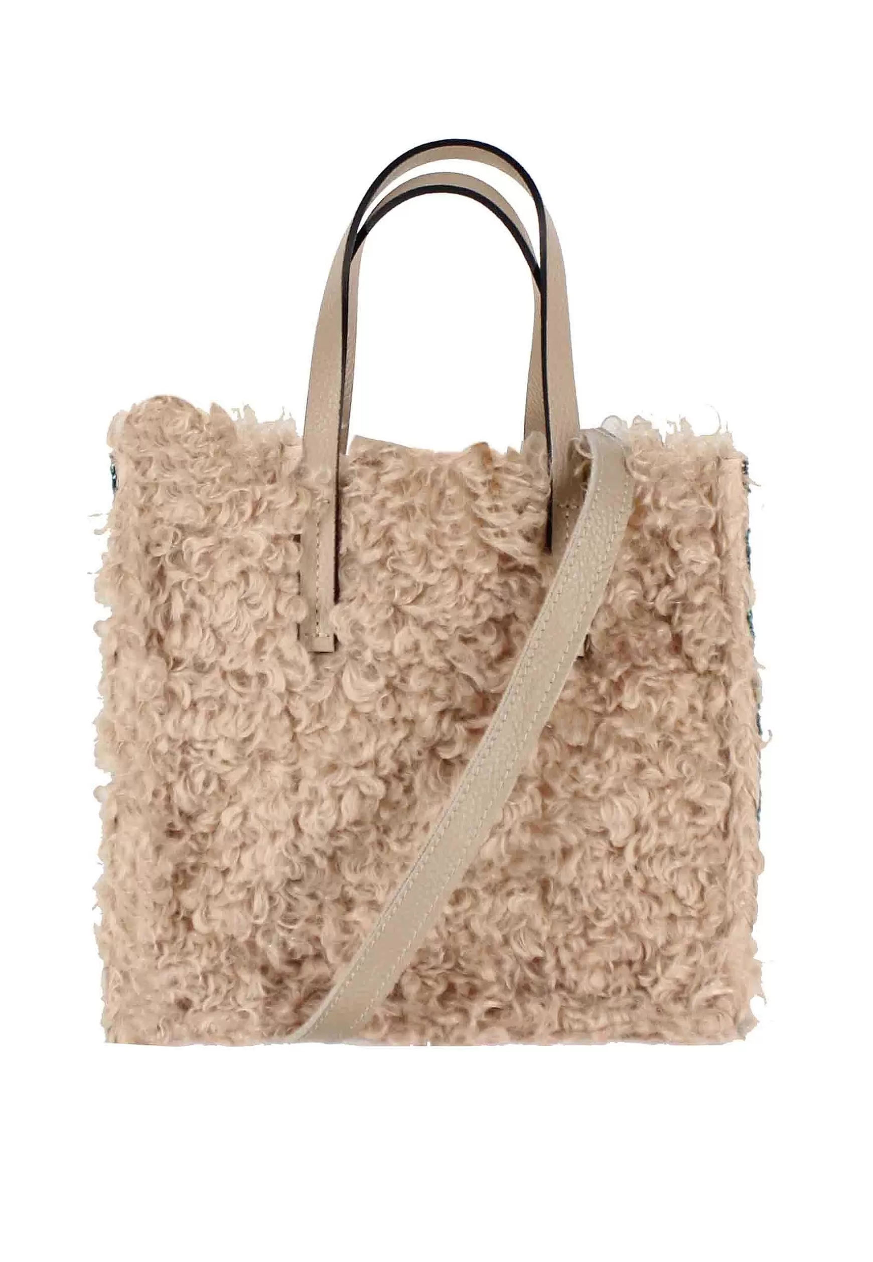 Tote Bag Donna In Tessuto Sherling Beige Con Tracolla In Pelle*Kassiopea Shop