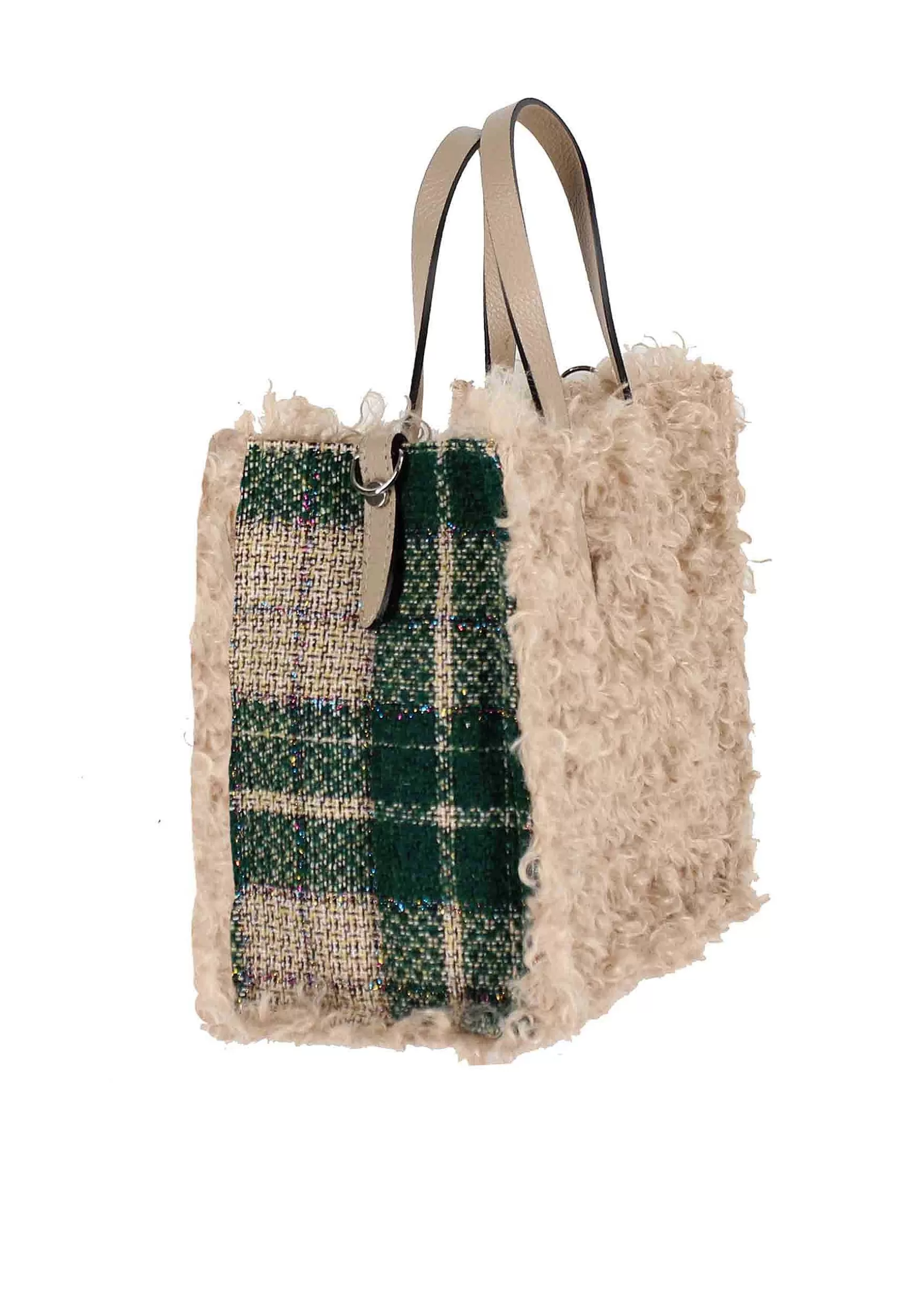 Tote Bag Donna In Tessuto Sherling Beige Con Tracolla In Pelle*Kassiopea Shop