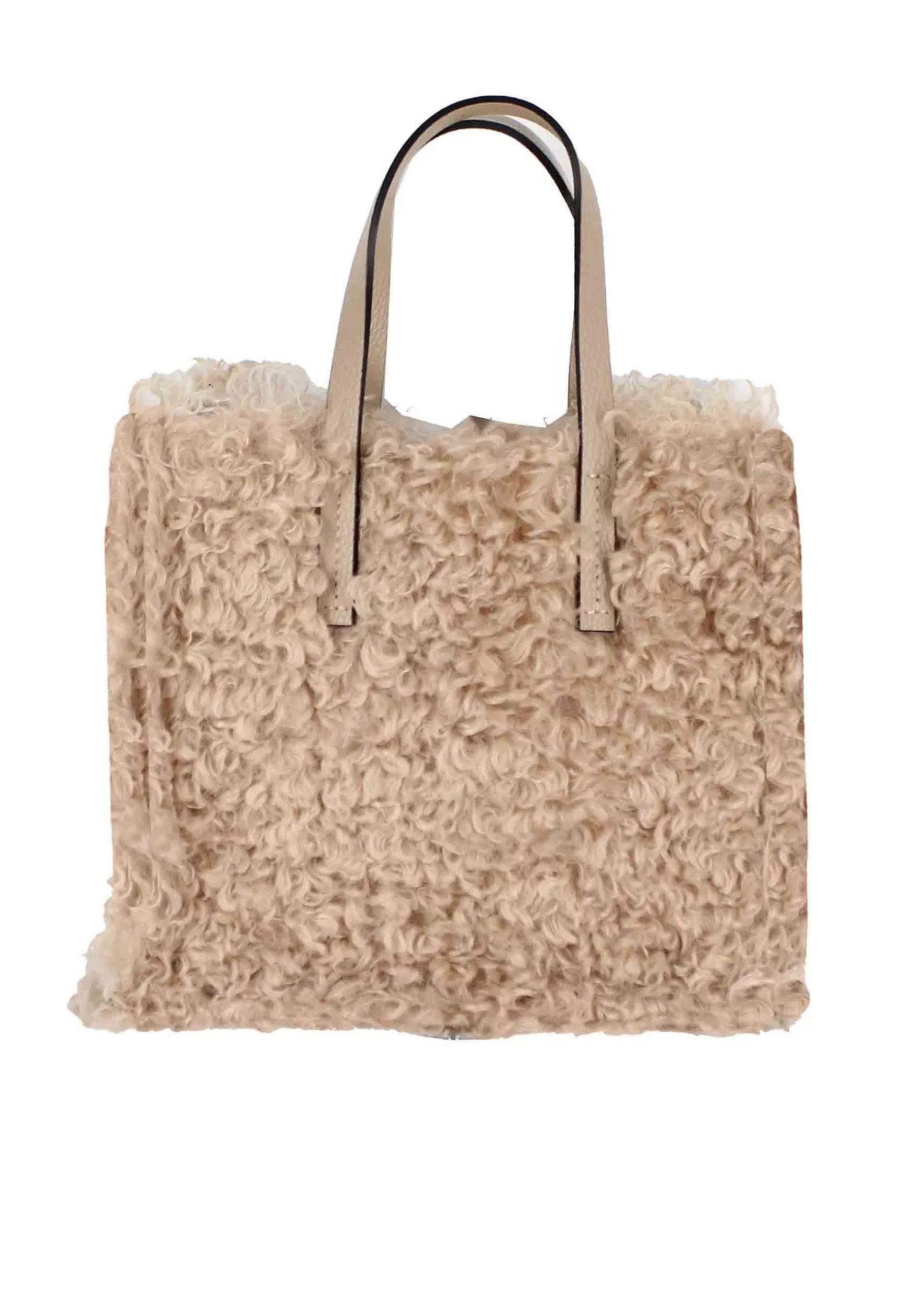 Tote Bag Donna In Tessuto Sherling Beige Con Tracolla In Pelle*Kassiopea Shop