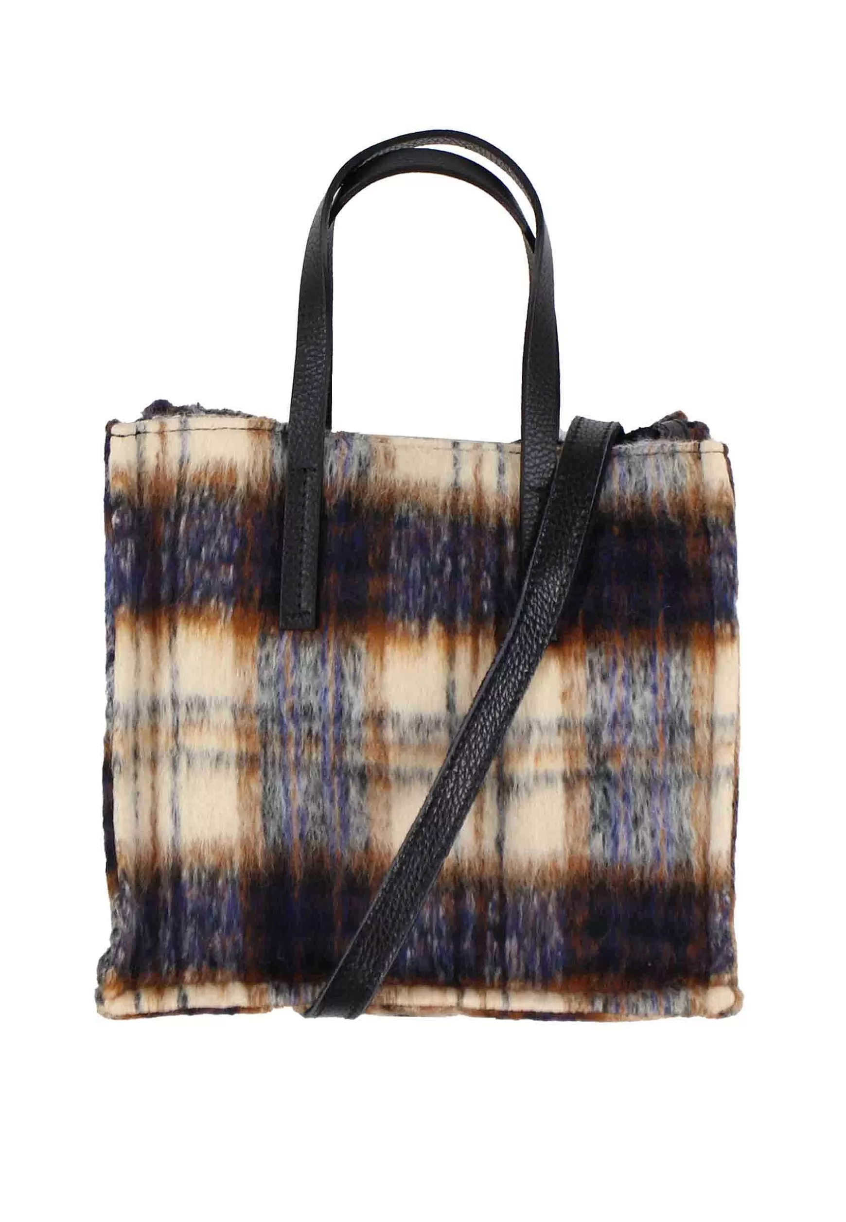 Tote Bag Donna In Tessuto Tartan Blu A Fantasia Con Tracolla In Pelle*Kassiopea Hot