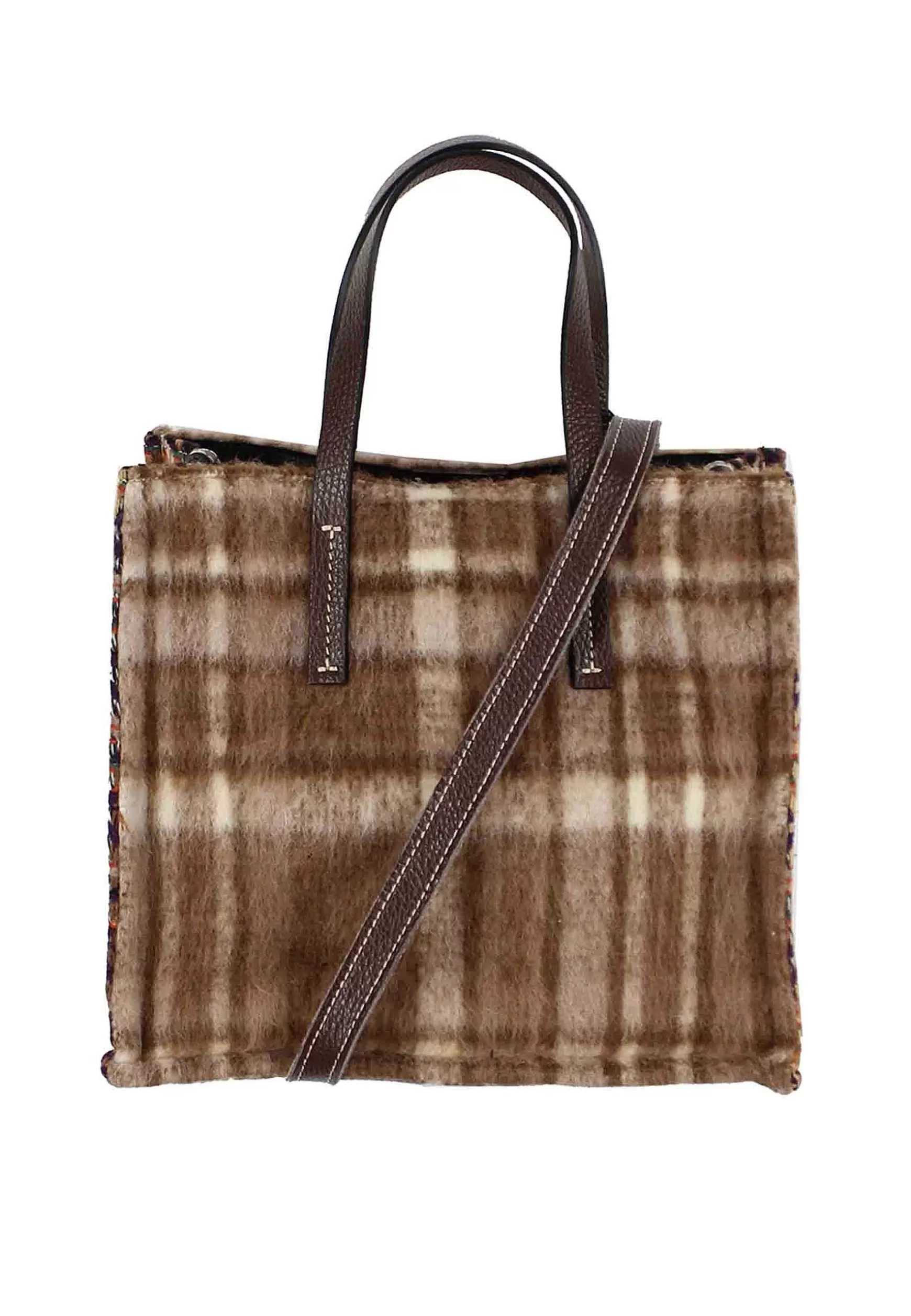 Tote Bag Donna In Tessuto Tartan Taupe A Fantasia Con Tracolla In Pelle*Kassiopea New