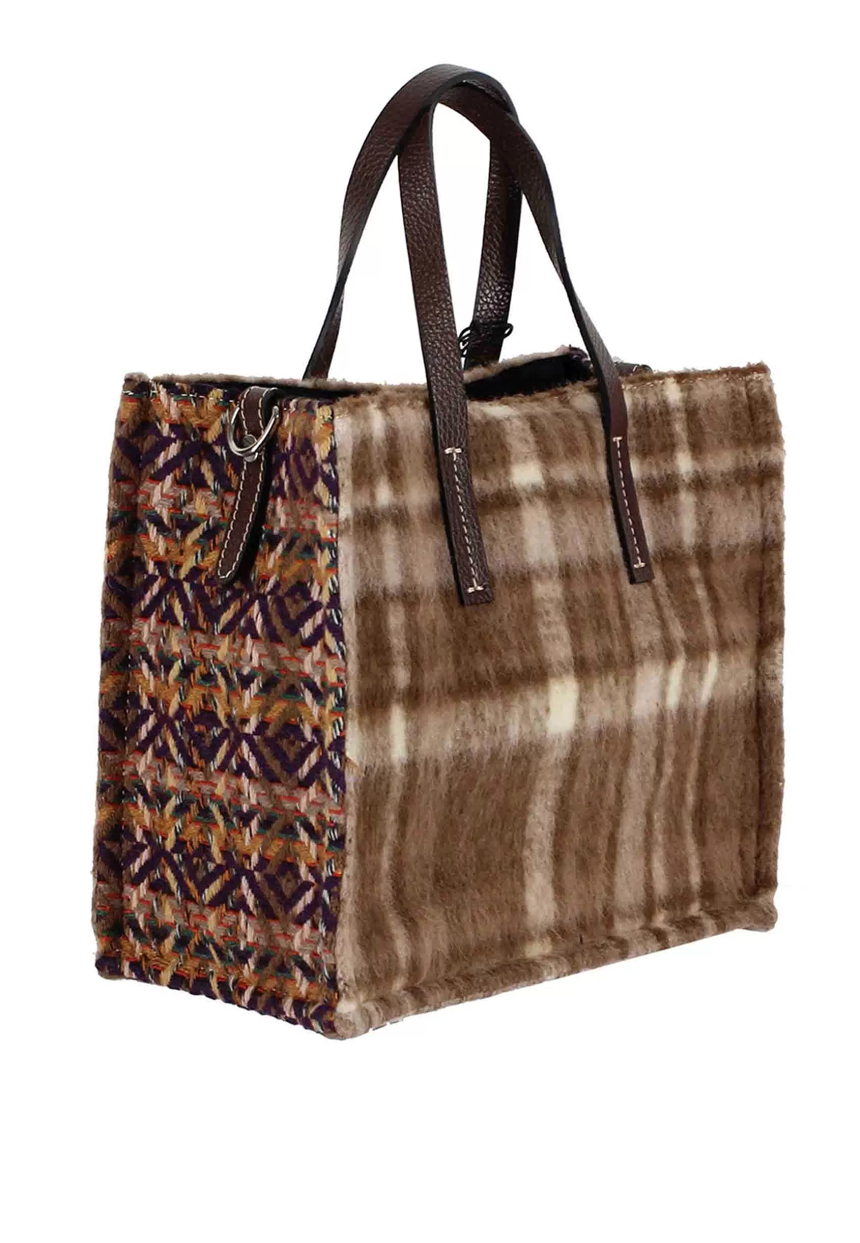 Tote Bag Donna In Tessuto Tartan Taupe A Fantasia Con Tracolla In Pelle*Kassiopea New