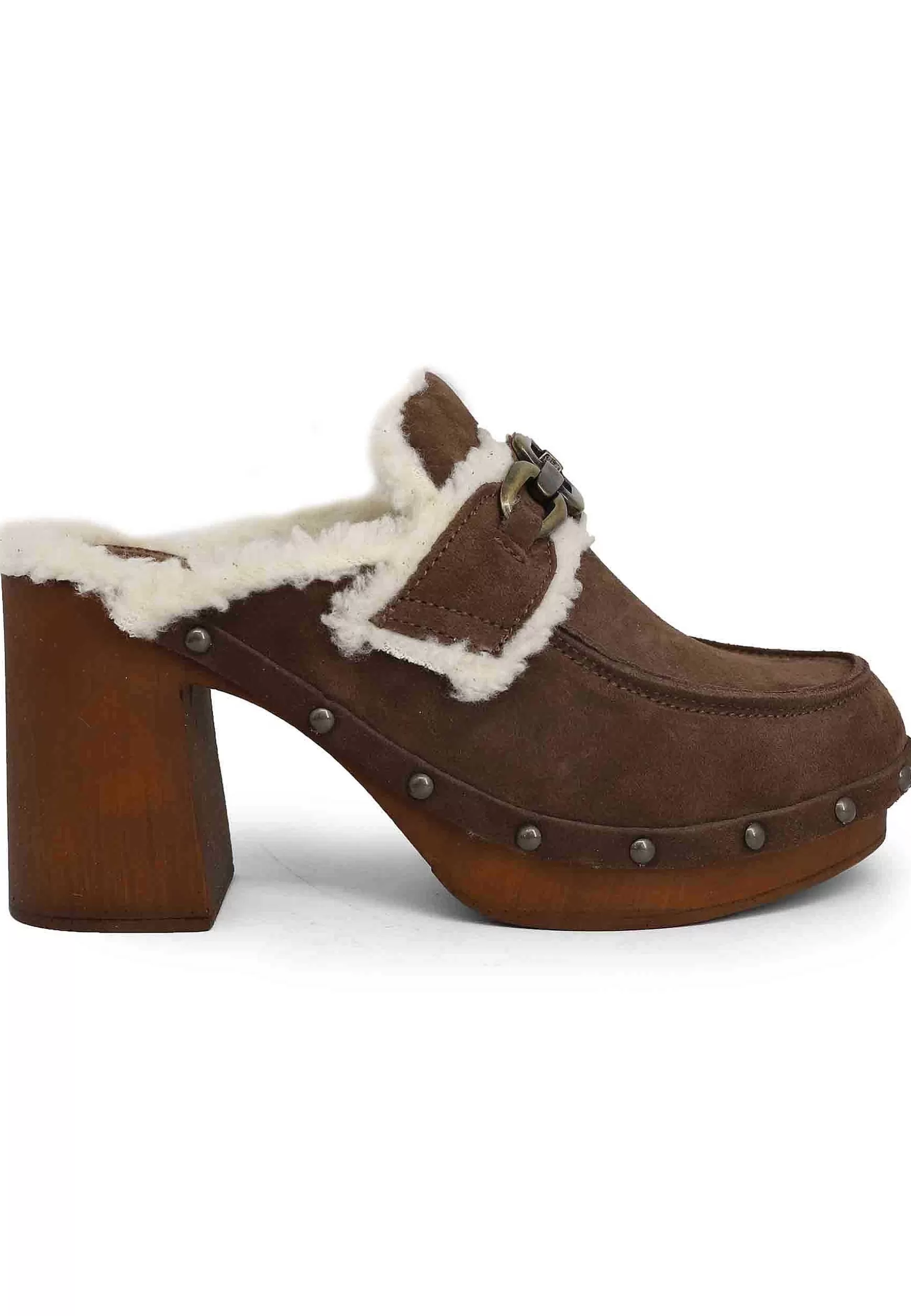 Zoccoli Donna In Camoscio Testa Di Moro Con Fodera In Eco Fur E Tacco Alto*Glove Best Sale