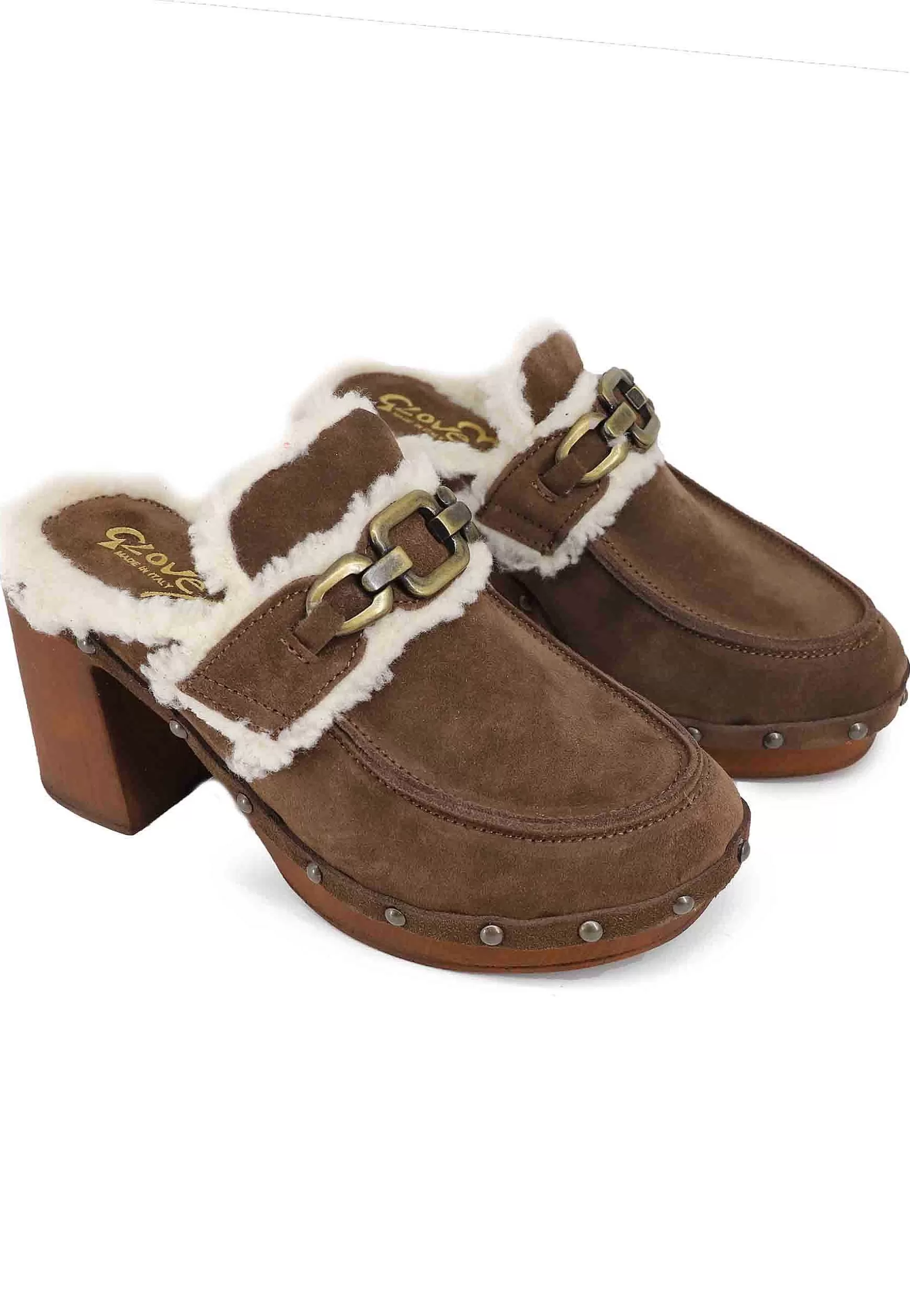 Zoccoli Donna In Camoscio Testa Di Moro Con Fodera In Eco Fur E Tacco Alto*Glove Best Sale