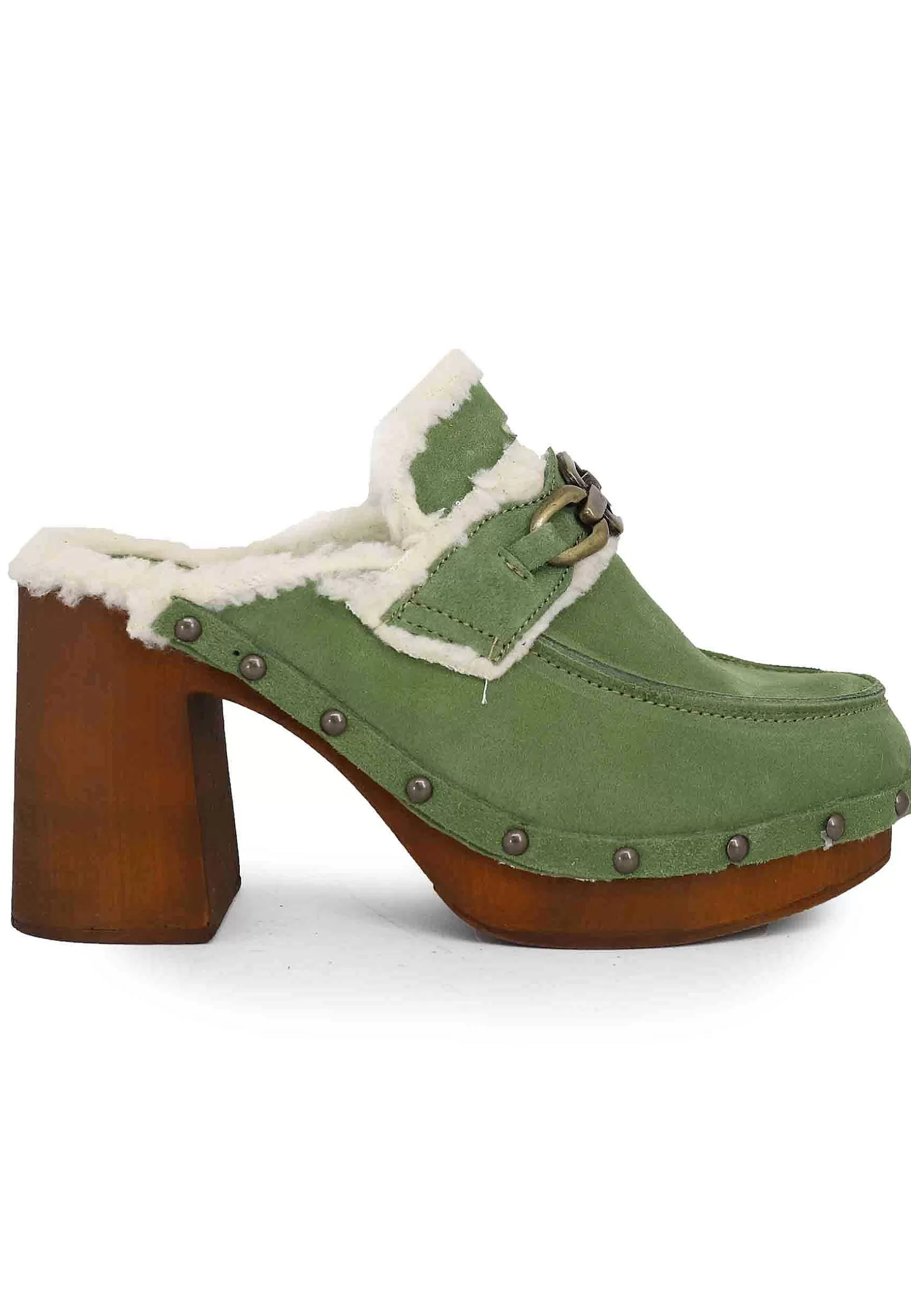 Zoccoli Donna In Camoscio Verde Con Fodera In Eco Fur E Tacco Alto*Glove Fashion