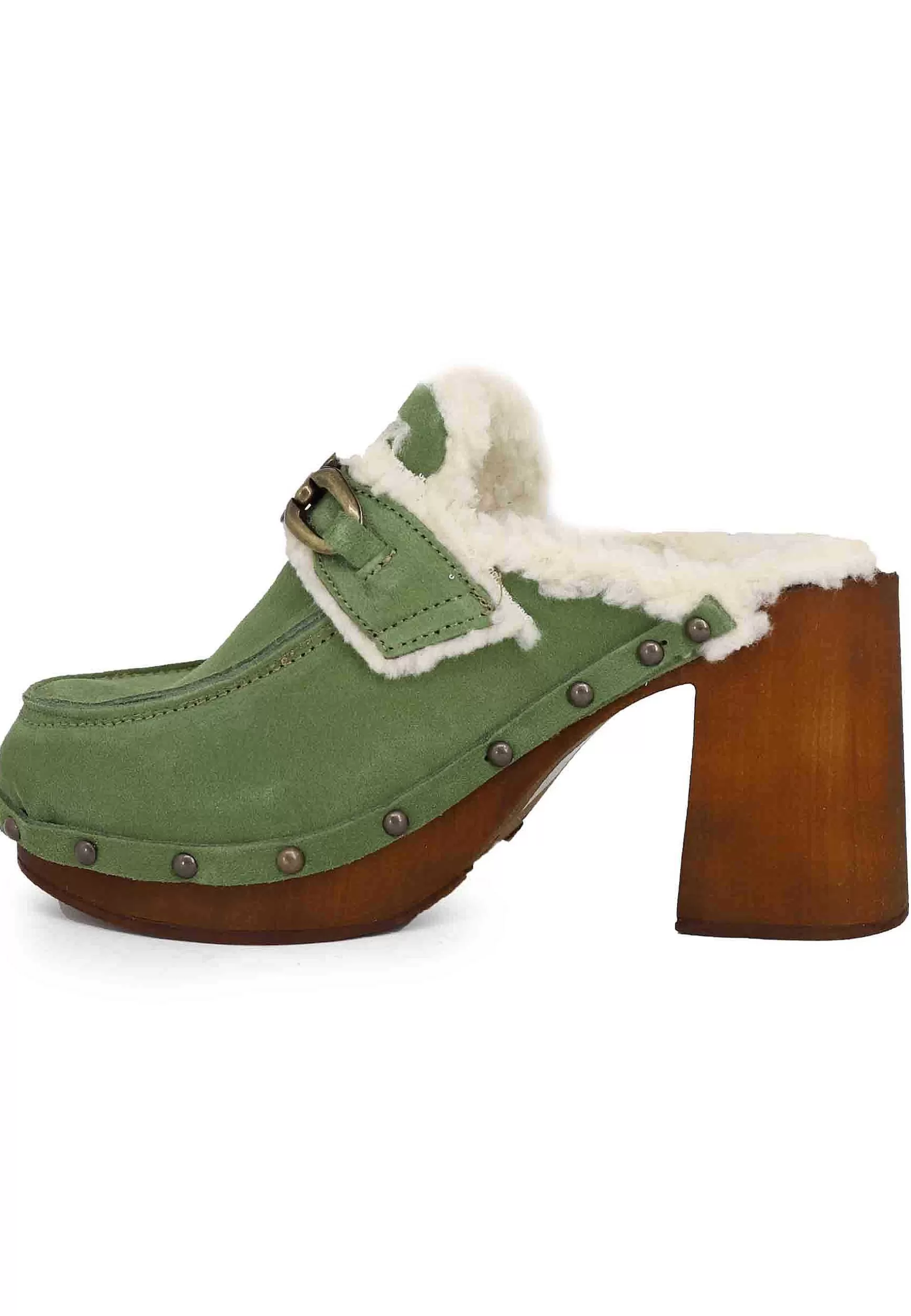 Zoccoli Donna In Camoscio Verde Con Fodera In Eco Fur E Tacco Alto*Glove Fashion