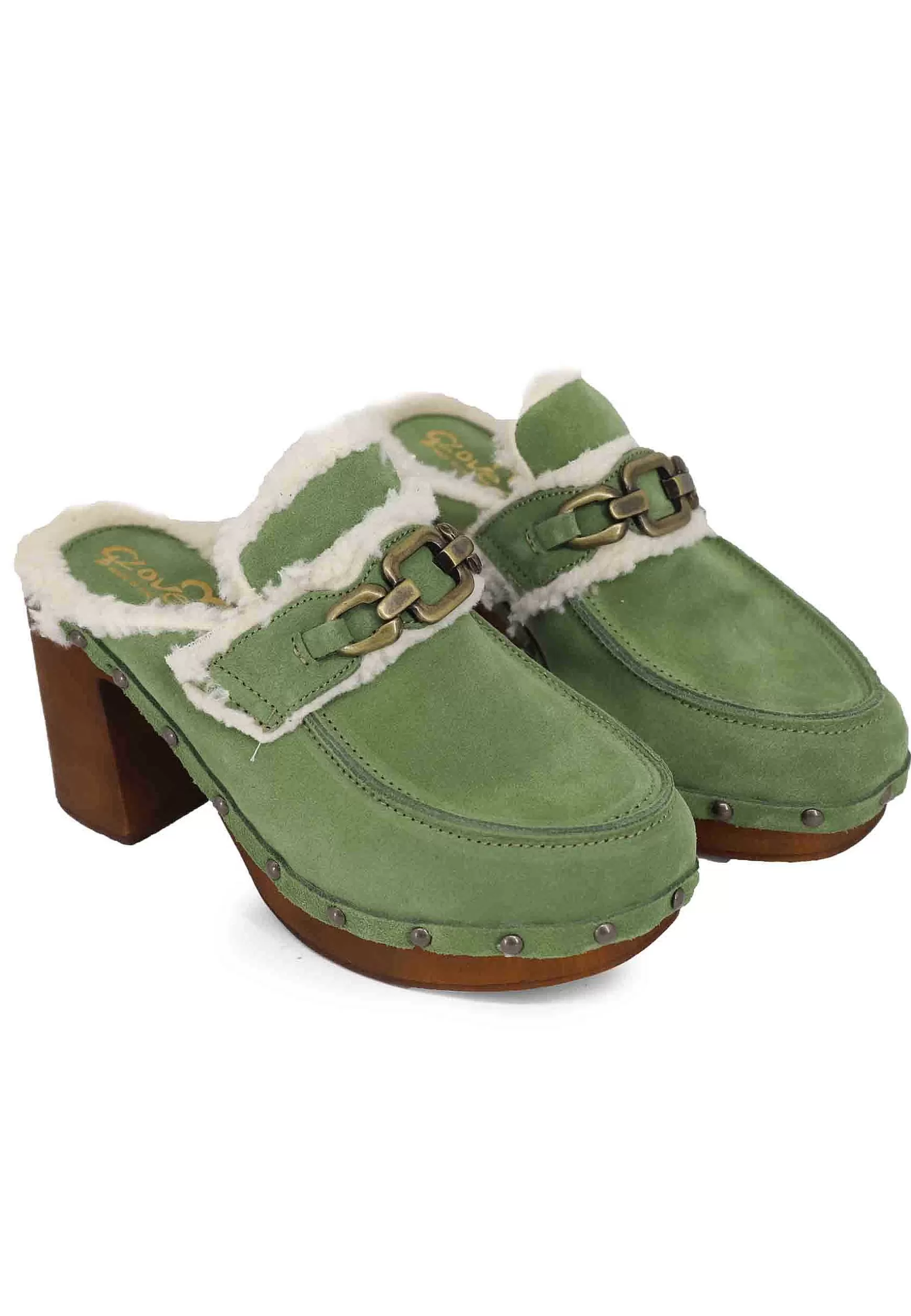 Zoccoli Donna In Camoscio Verde Con Fodera In Eco Fur E Tacco Alto*Glove Fashion
