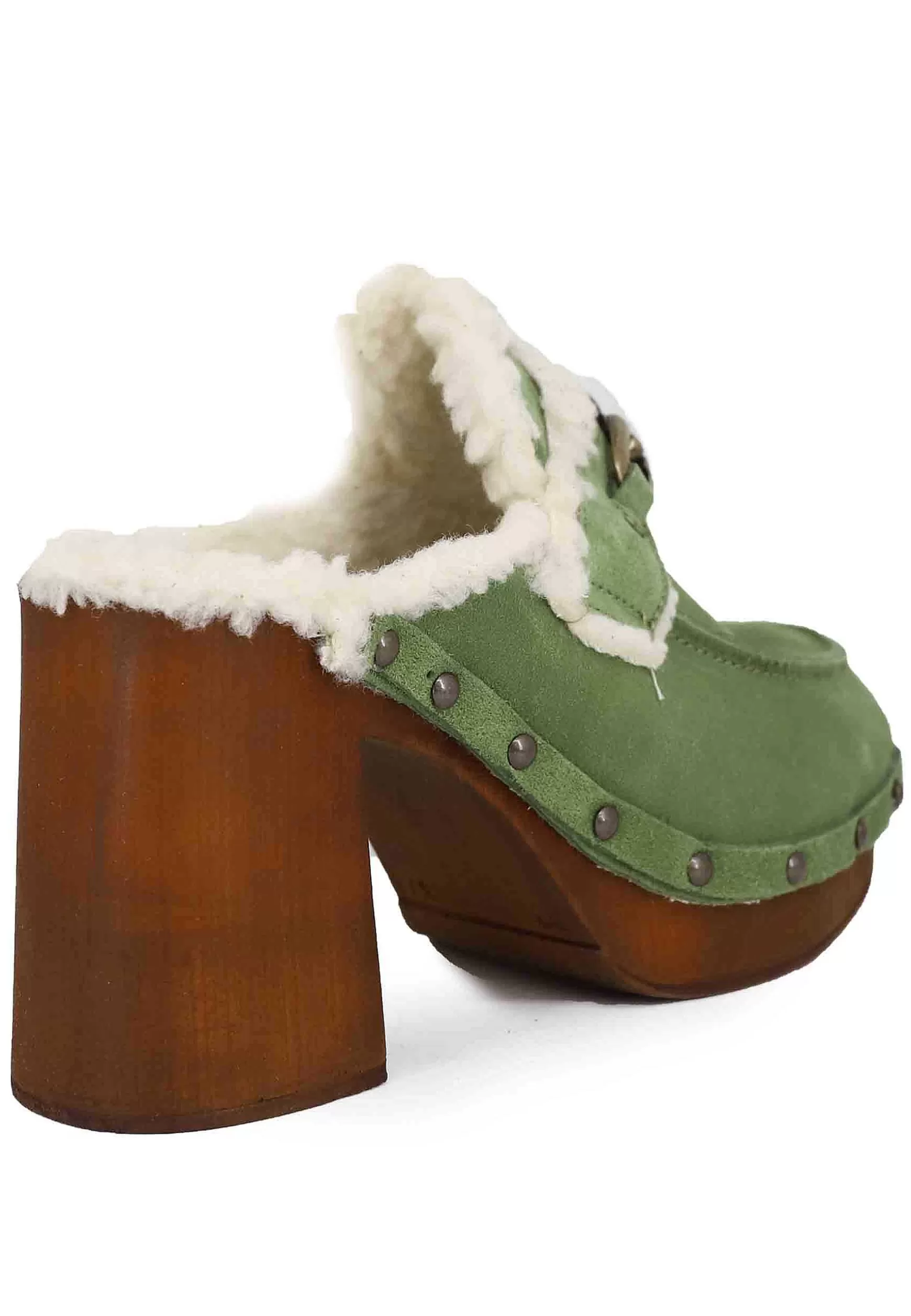 Zoccoli Donna In Camoscio Verde Con Fodera In Eco Fur E Tacco Alto*Glove Fashion