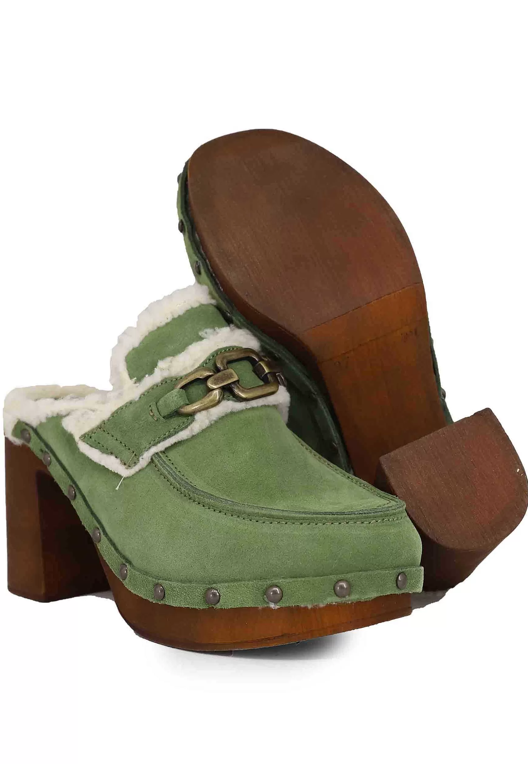 Zoccoli Donna In Camoscio Verde Con Fodera In Eco Fur E Tacco Alto*Glove Fashion