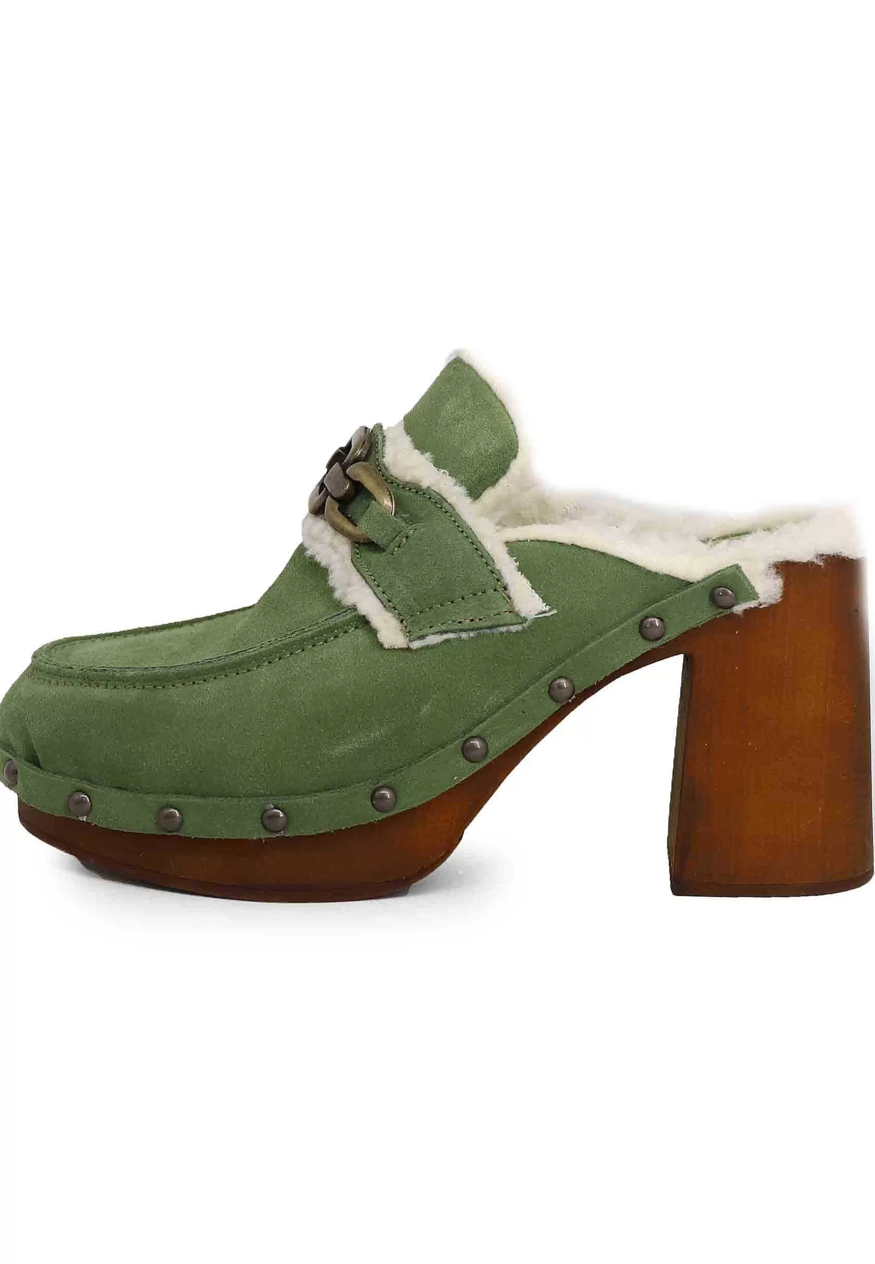 Zoccoli Donna In Camoscio Verde Con Fodera In Eco Fur E Tacco Alto*Glove Fashion