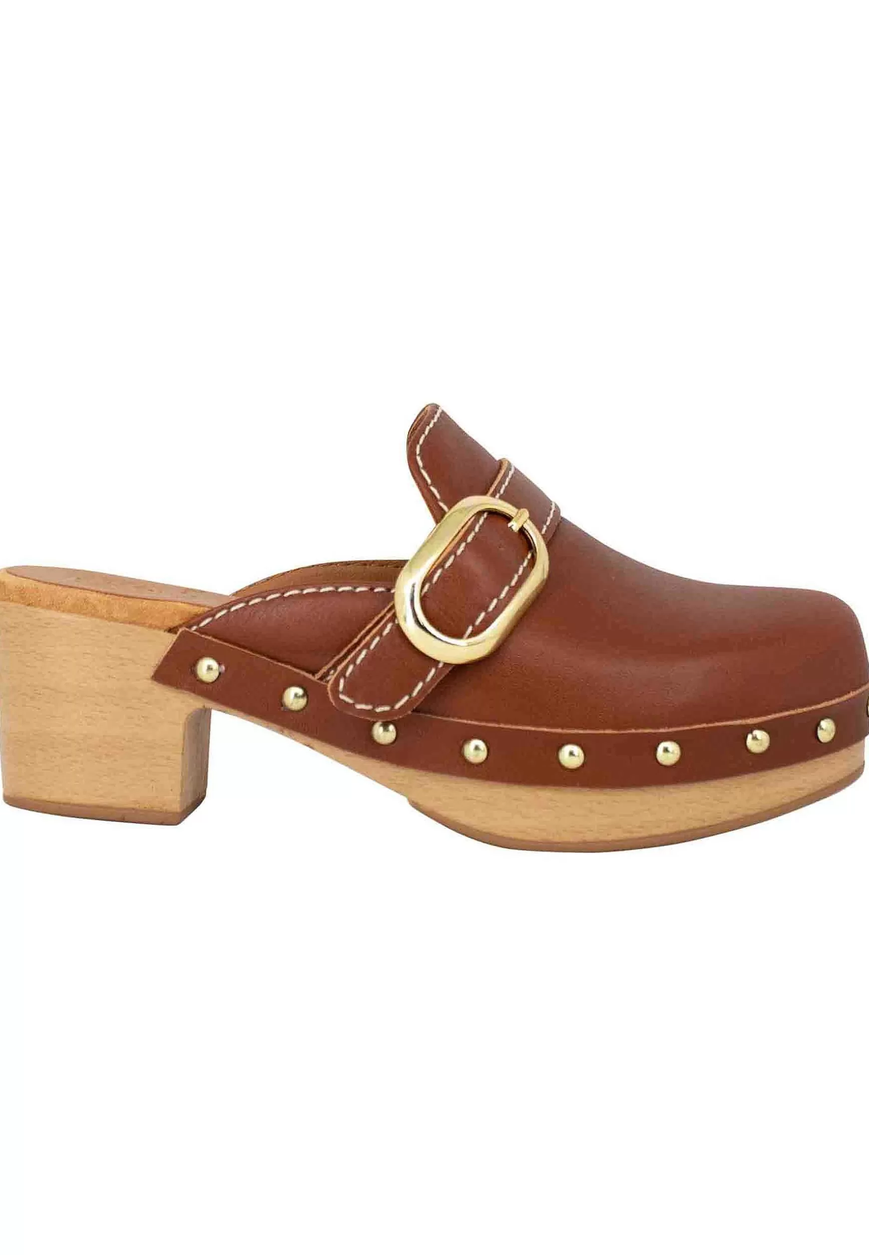 Zoccoli Donna In Pelle Cuoio Con Fibbia Laterale E Punta Chiusa*Unisa Store