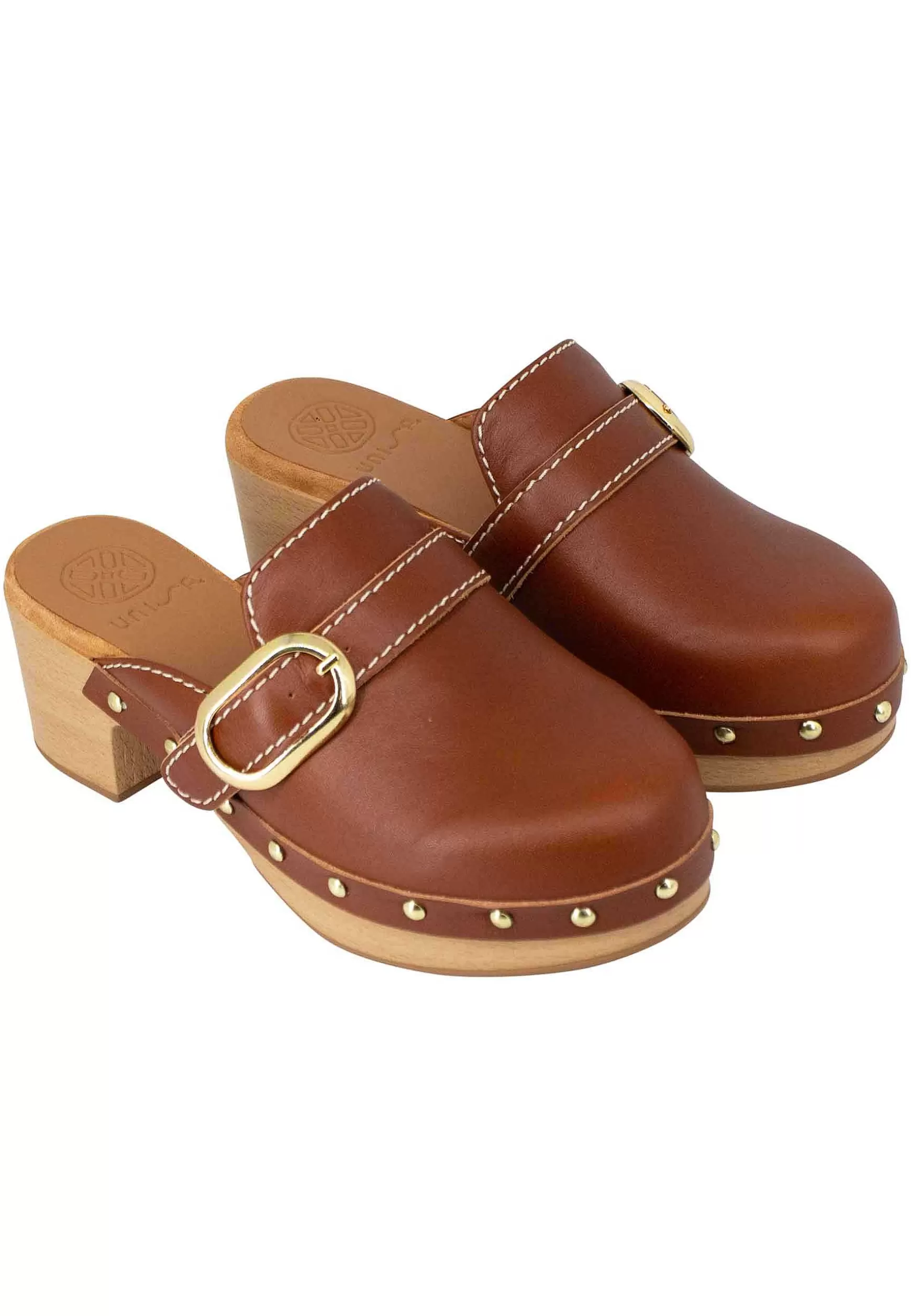Zoccoli Donna In Pelle Cuoio Con Fibbia Laterale E Punta Chiusa*Unisa Store