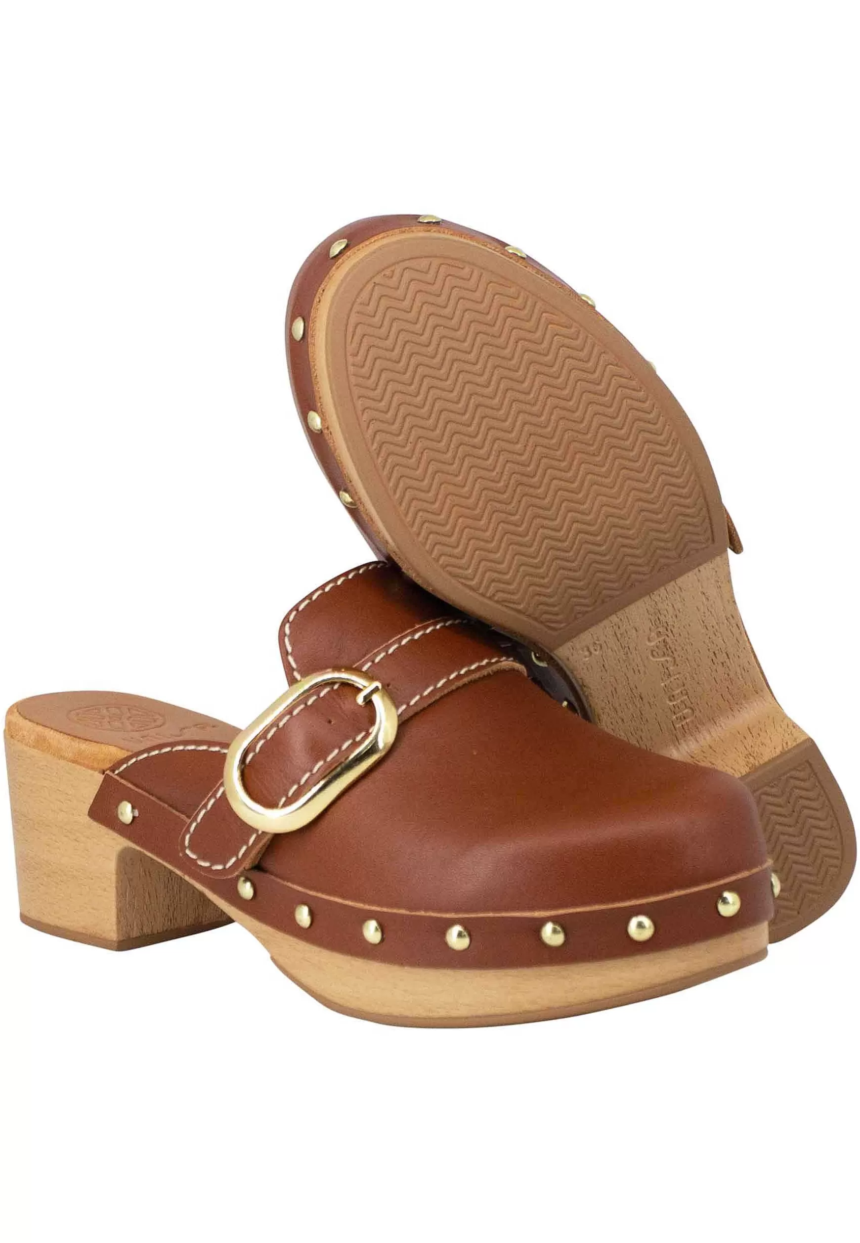 Zoccoli Donna In Pelle Cuoio Con Fibbia Laterale E Punta Chiusa*Unisa Store