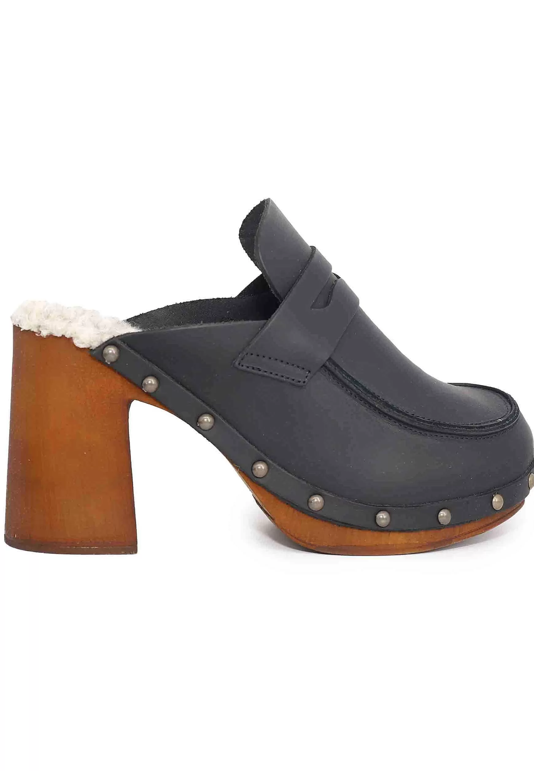 Zoccoli Donna In Pelle Nera Con Sottopiede In Eco Fur E Tacco Alto*Glove Best