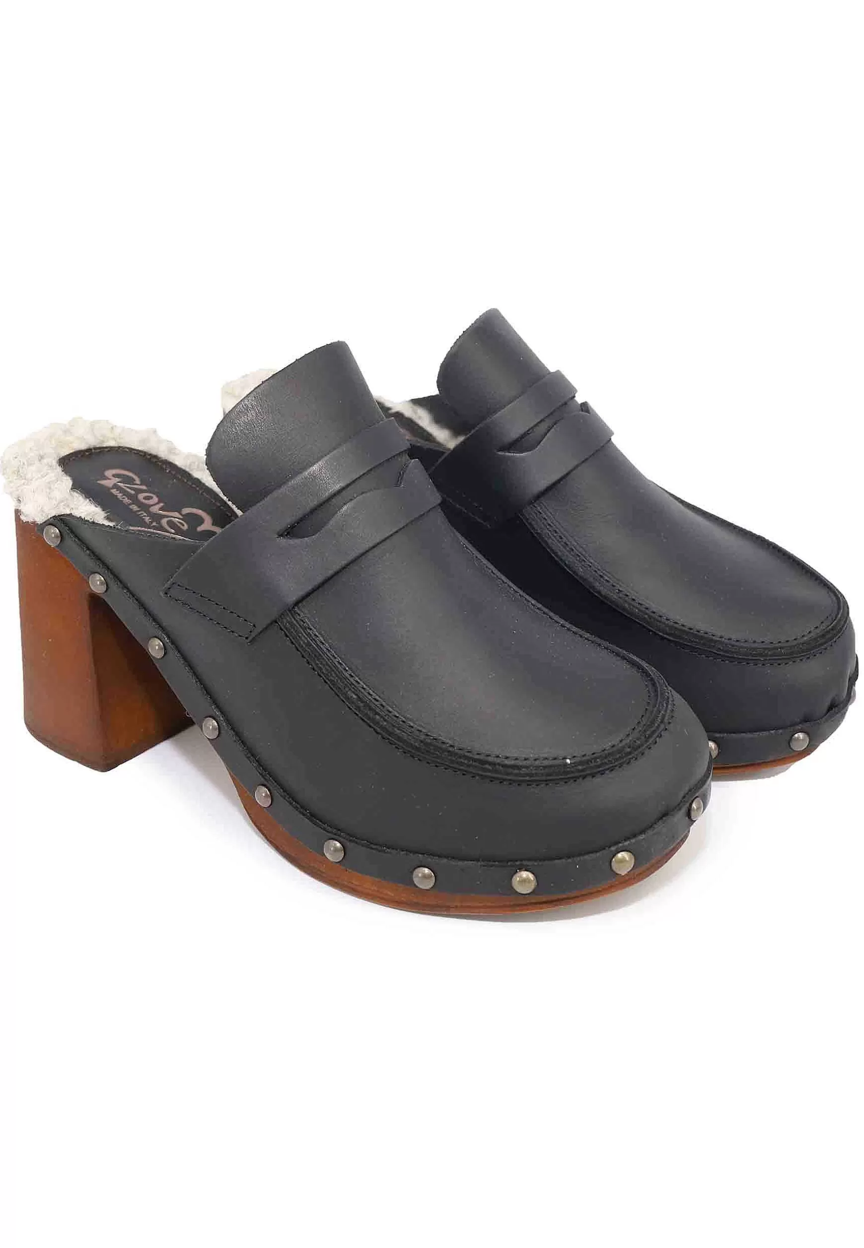 Zoccoli Donna In Pelle Nera Con Sottopiede In Eco Fur E Tacco Alto*Glove Best