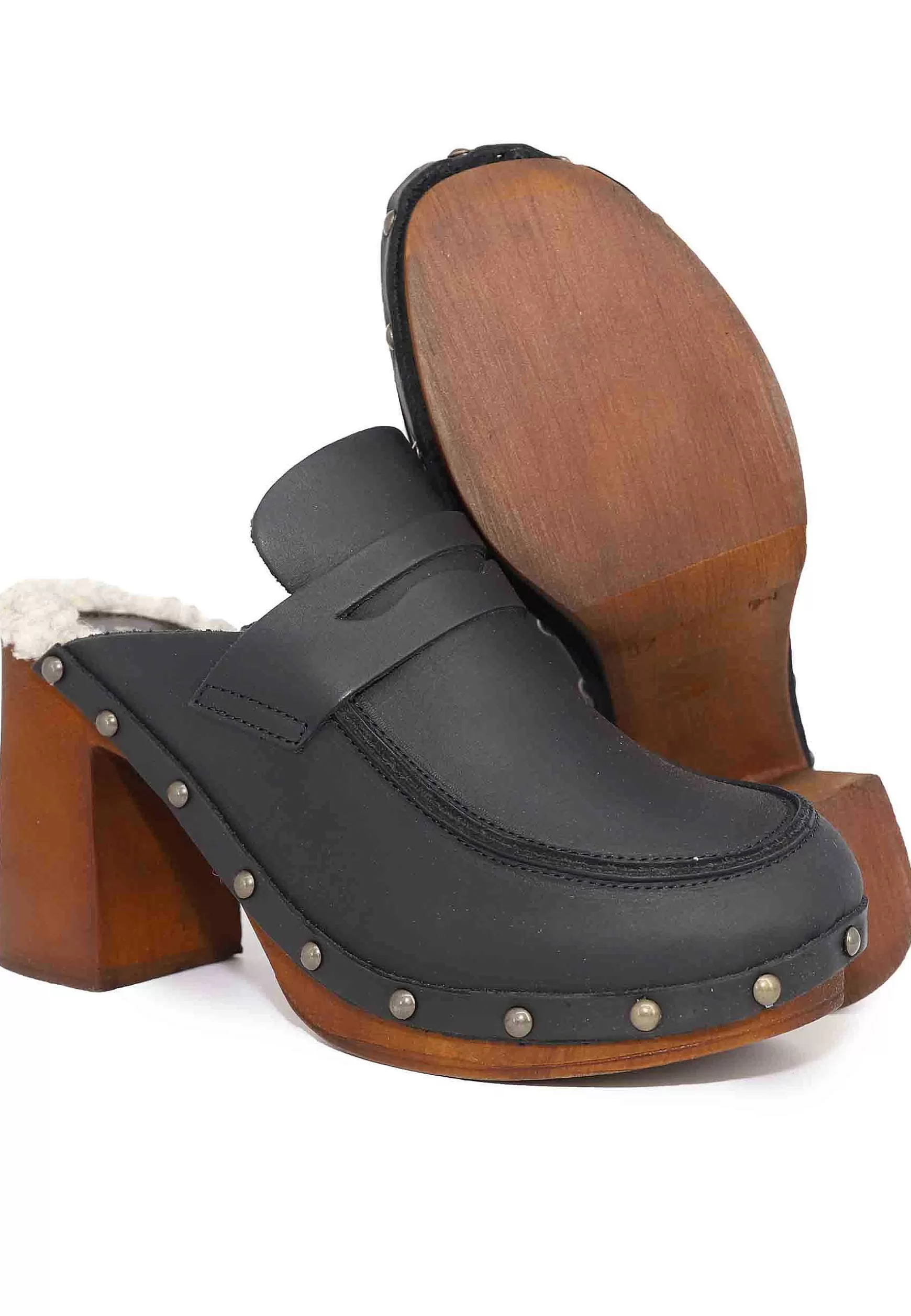 Zoccoli Donna In Pelle Nera Con Sottopiede In Eco Fur E Tacco Alto*Glove Best