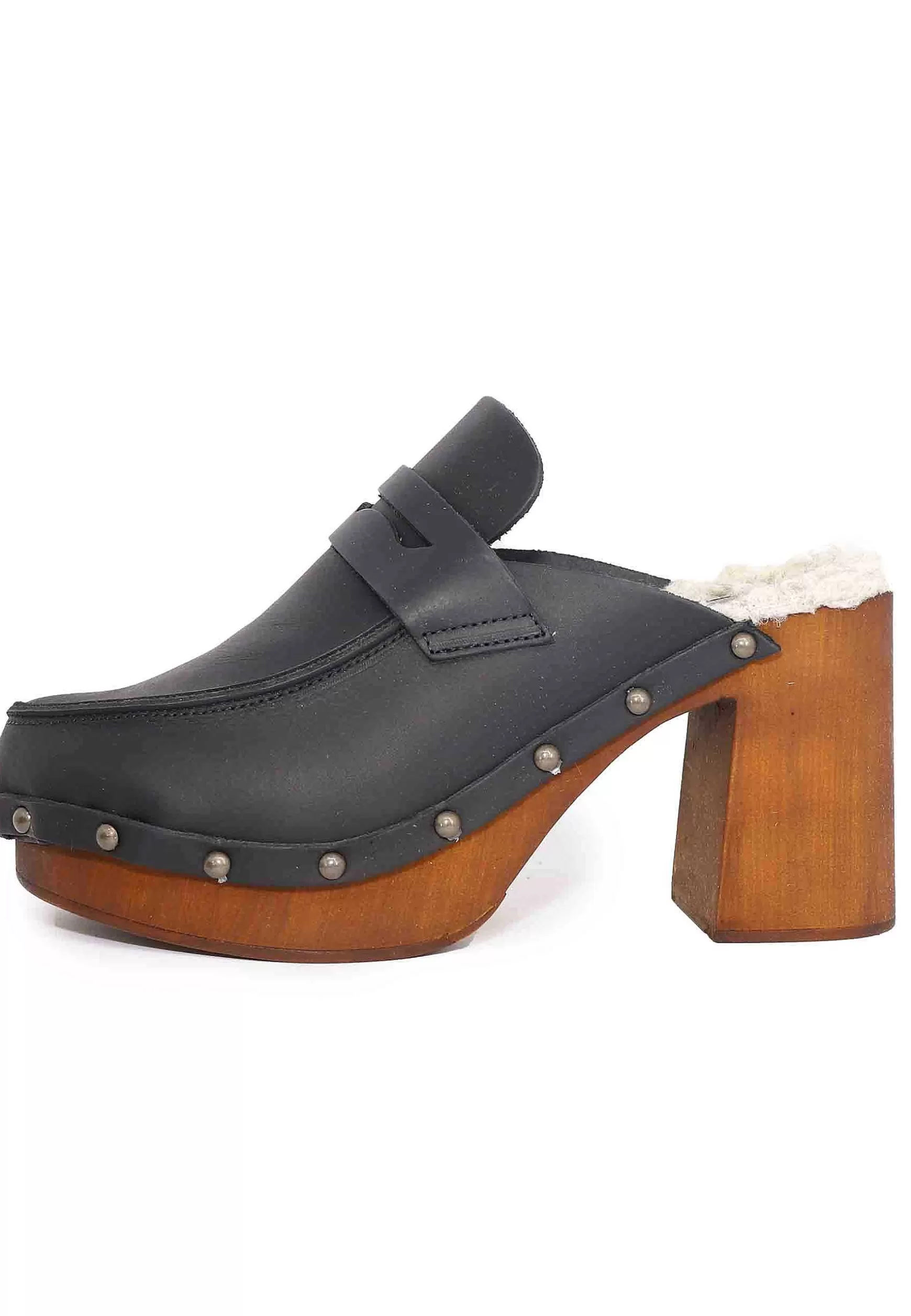 Zoccoli Donna In Pelle Nera Con Sottopiede In Eco Fur E Tacco Alto*Glove Best