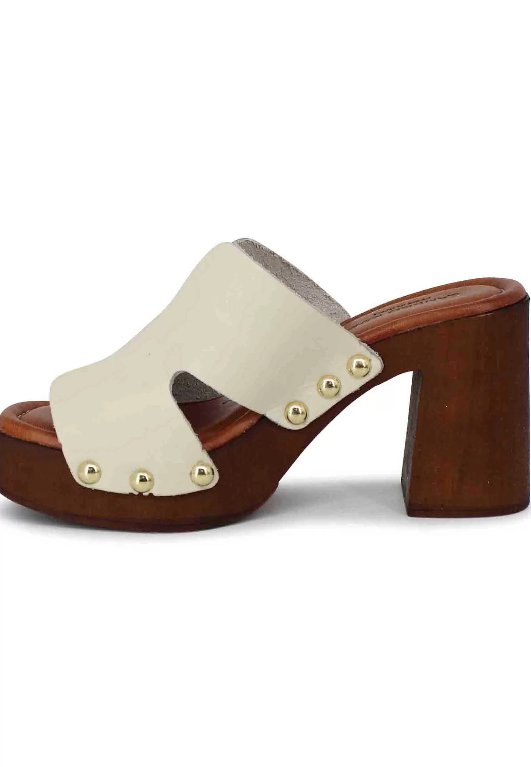 Zoccoli Donna In Pelle Off White Con Fibbie Oro E Tacco Alto*Sandro Rosi Sale