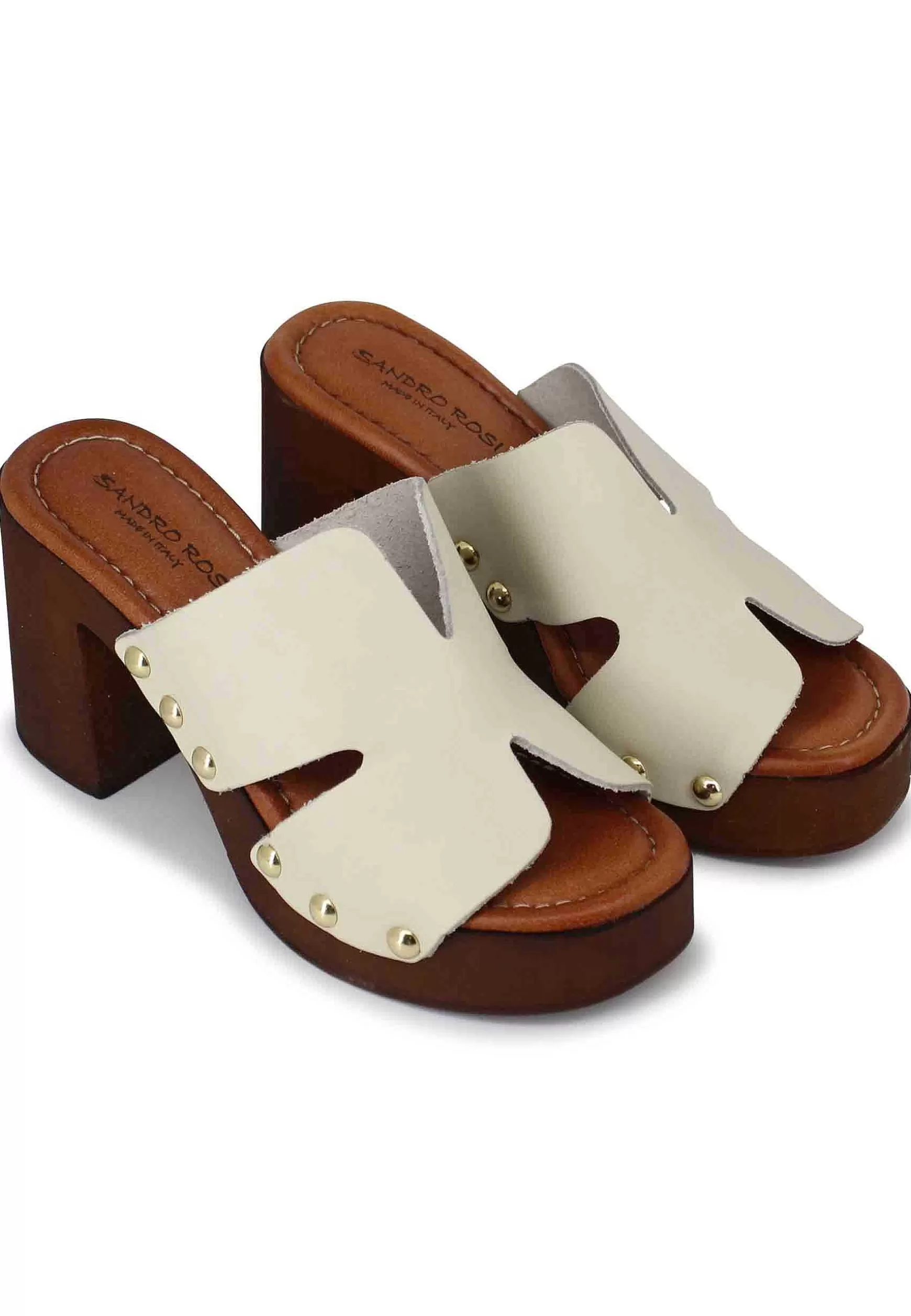 Zoccoli Donna In Pelle Off White Con Fibbie Oro E Tacco Alto*Sandro Rosi Sale